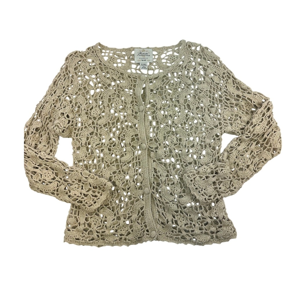 Express Handknitted Internationale Crochet Cardigan Beige Boho Ramie Womens M